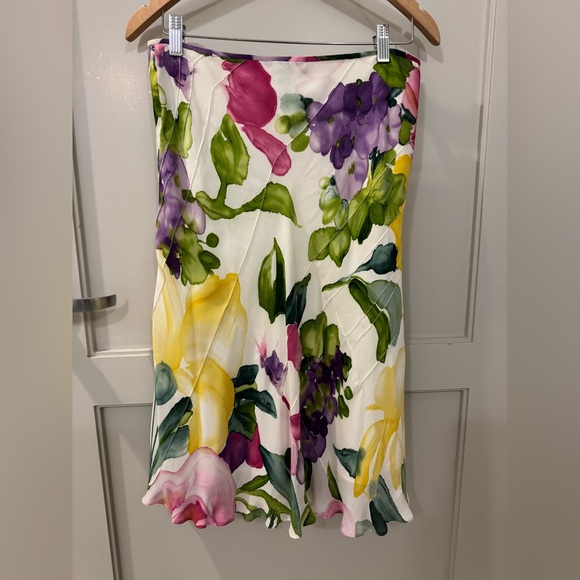 Linda Allard Ellen Tracy Dresses & Skirts - Linda Allard Floral Silk Slip Skirt in White with Yellow, Purple & Pink Blooms 8